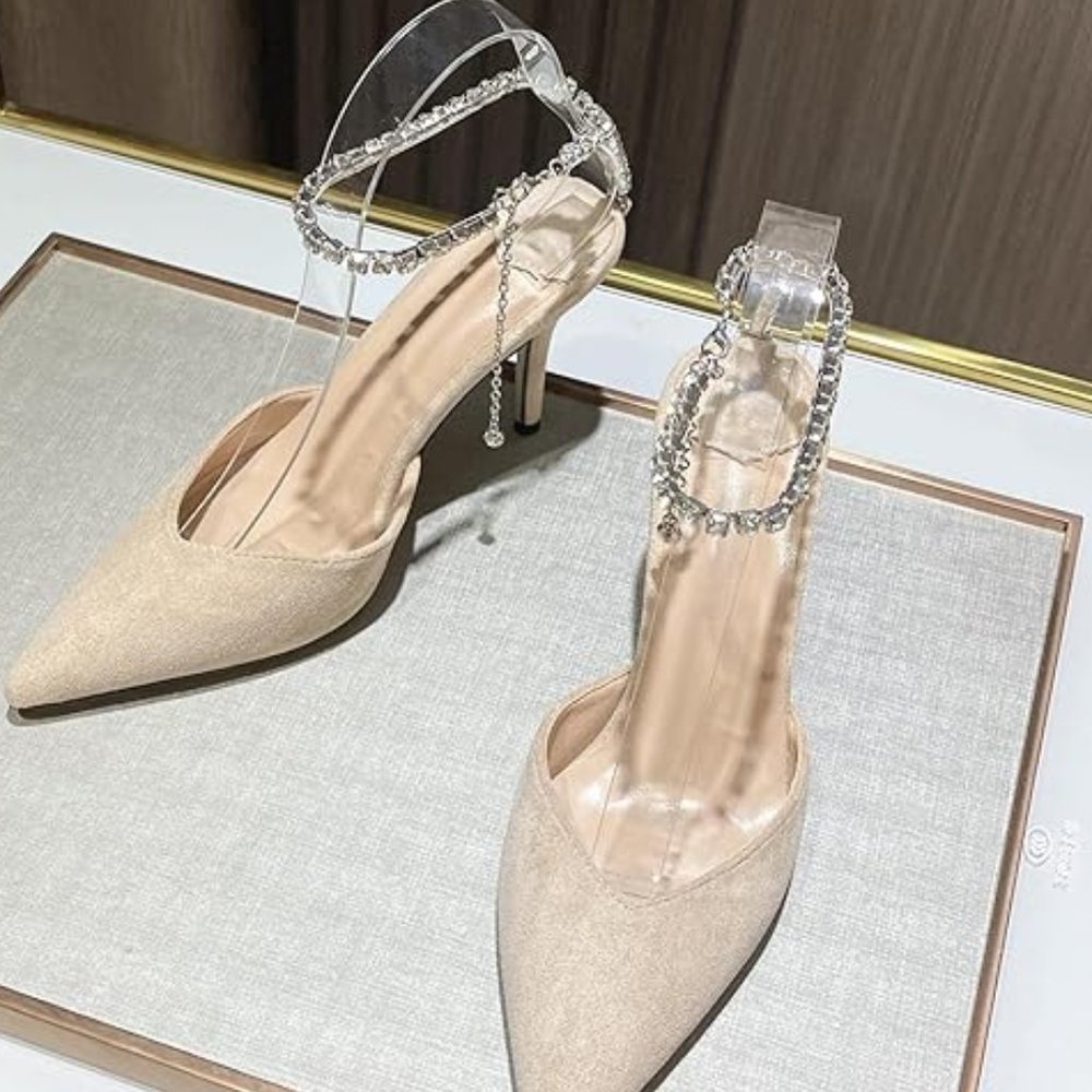 Crystal ankle strap pumps